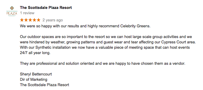 We were so happy with our results and highly recommend Celebrity Greens. Our outdoor spaces are so important to the resort so we can host large scale group activities and we were hindered by weather, growing patterns and guest wear and tear affecting our Cypress Court area. With our Synthetic installation we now have a valuable piece of meeting space that can host events 24/7 all year long. They are professional and solution oriented and we are happy to have chosen them as a vendor.